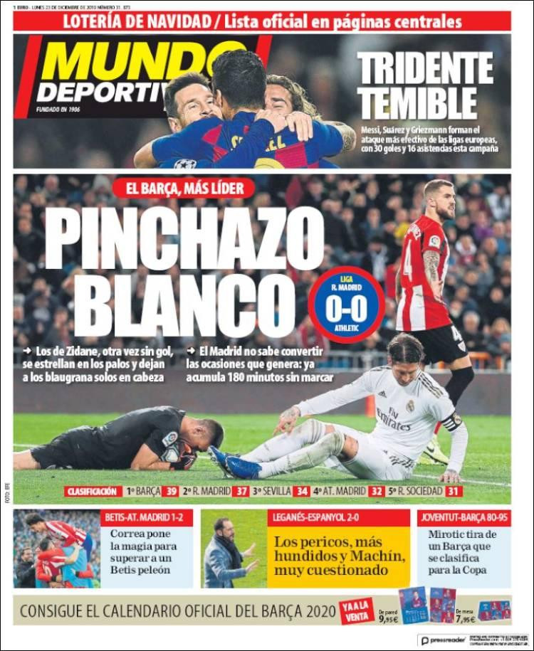 Tapas de diarios, Mundo Deportivo de España, lunes 23 de diciembre de 2019