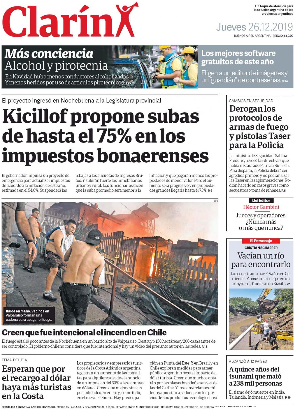 Tapas de diarios, Clarin, jueves 26 de diciembre de 2019