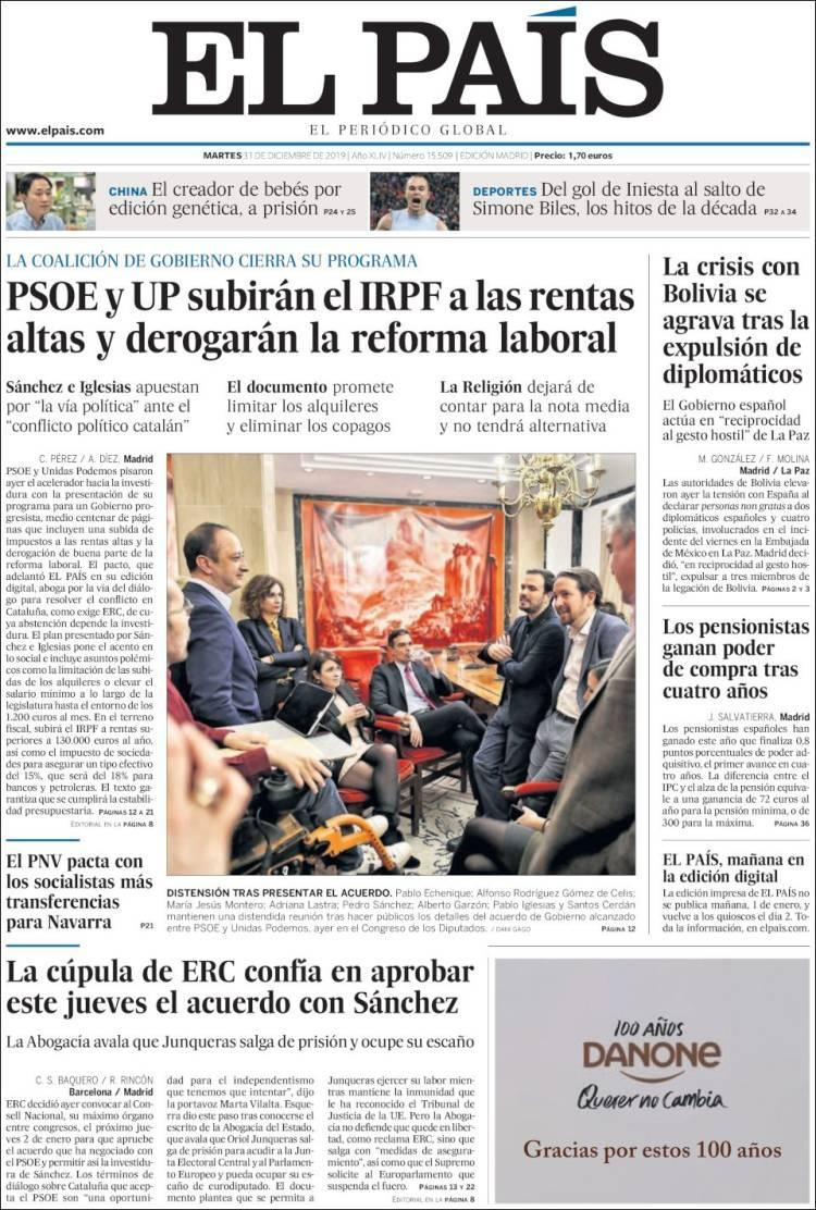 Tapas de diarios, El Pais de España, martes 31 de diciembre de 2019