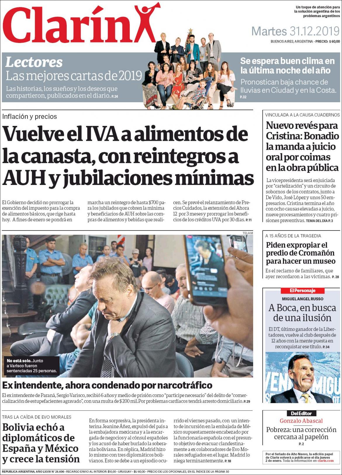 Tapas de diarios, Clarin, martes 31 de diciembre de 2019