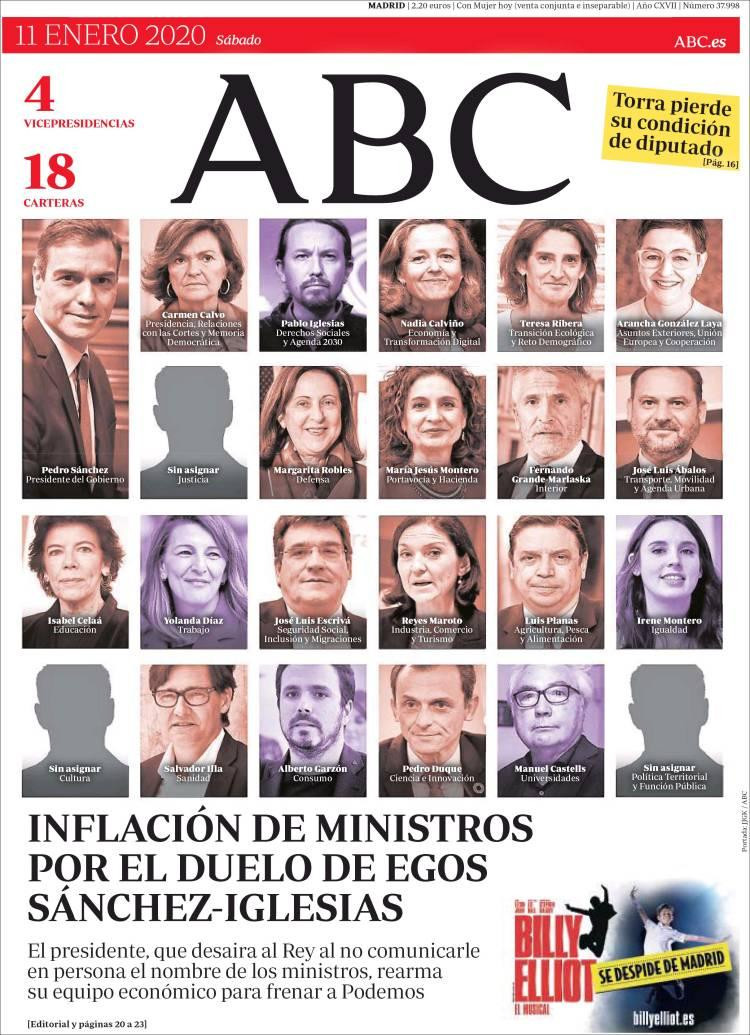 Tapas de diarios, ABC, sábado 11 de enero de 2020