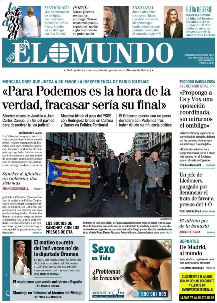 Tapas de diarios, El Mundo, domingo 12 de enero de 2020	