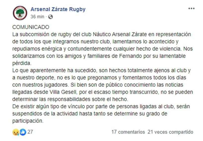 Comunicado del club de rugby donde juegan los detenidos por el crimen en Villa Gesell