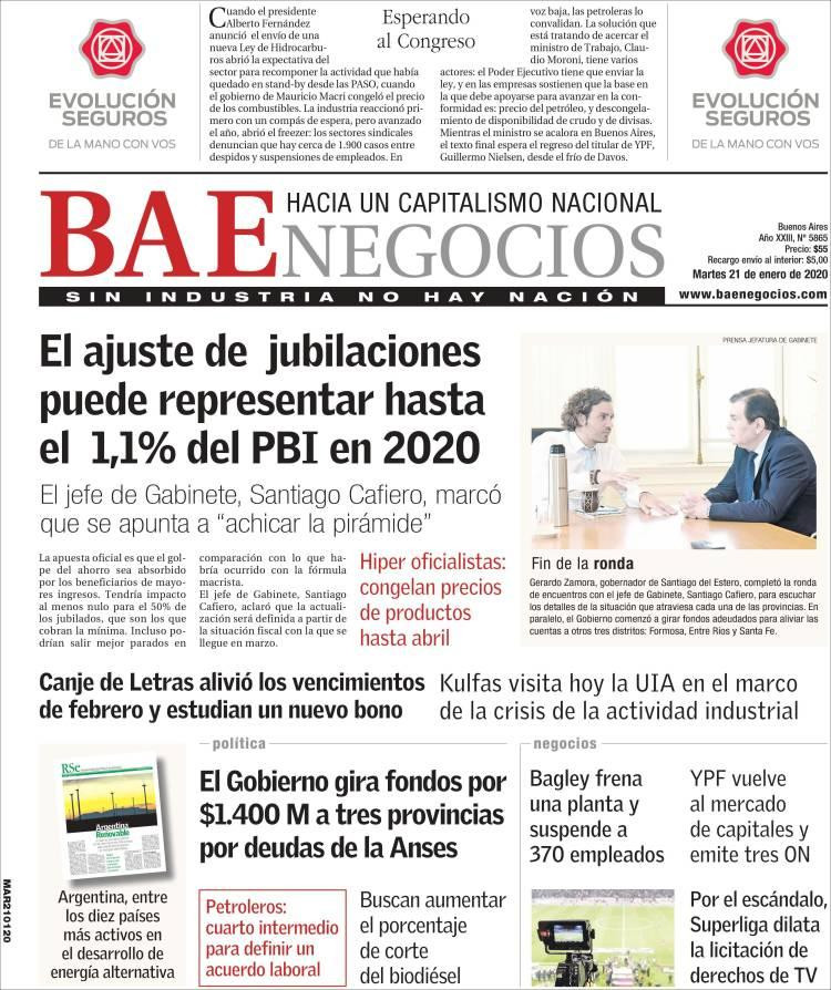 Tapas de diarios, BAE Negocios, martes 21 de enero de 2020