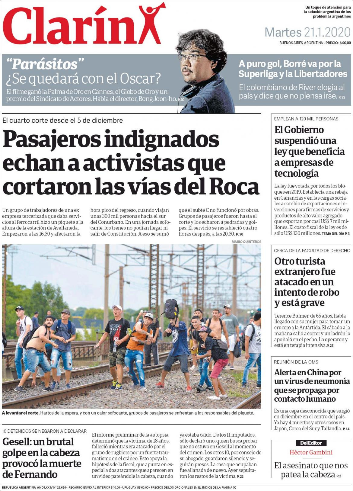 Tapas de diarios, Clarin, martes 21 de enero de 2020