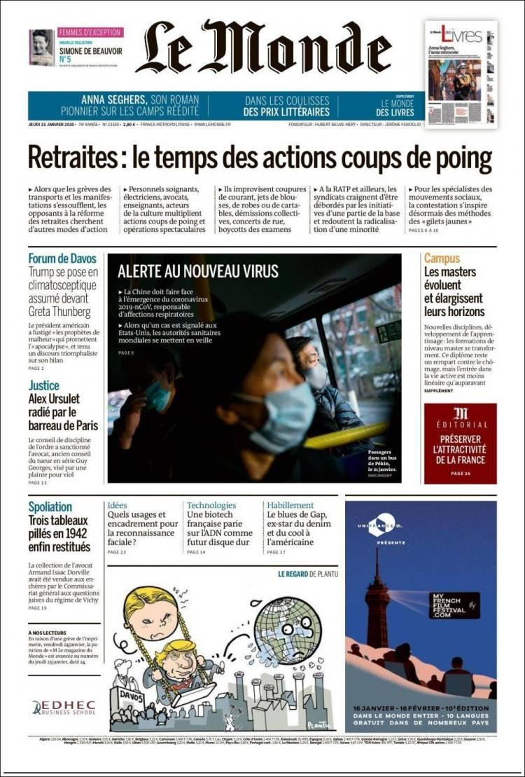 Tapas de diarios, Le Monde, jueves 23 de enero de 2020