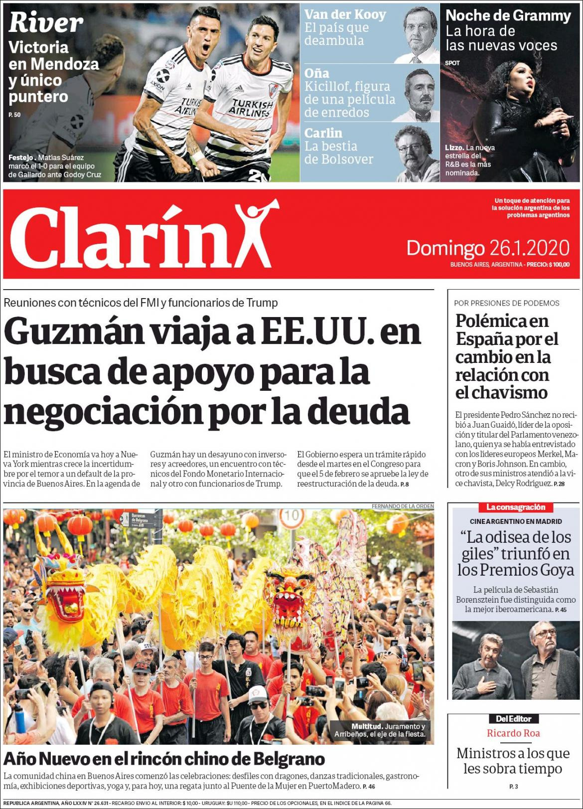 Tapas de diarios, Clarin, domingo 26 de enero de 2020