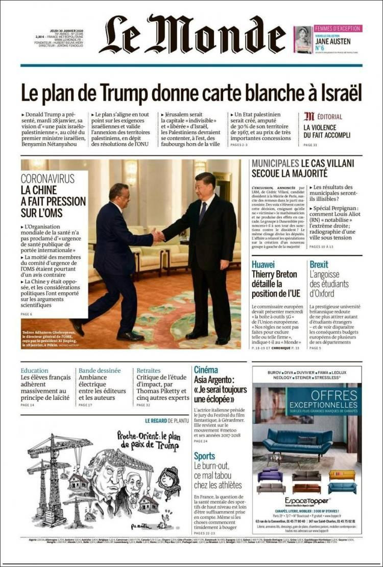 Tapas de diarios, Le Monde, jueves 30 de enero de 2020