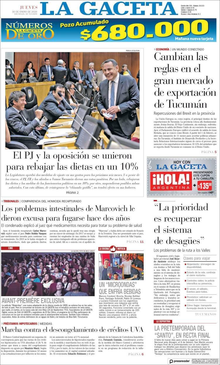 Tapas de diarios, La Gaceta, jueves 30 de enero de 2020