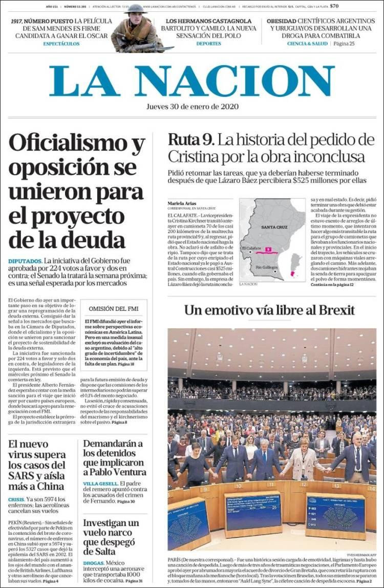 Tapas de diarios, La Nación, jueves 30 de enero de 2020