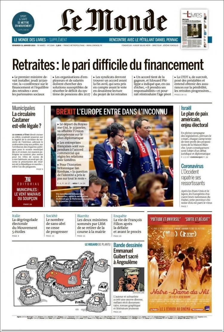 Tapas de diarios, Le Monde, viernes 31 de enero de 2020	