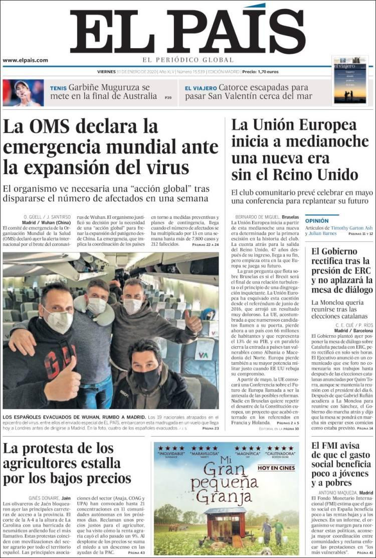 Tapas de diarios, El País, viernes 31 de enero de 2020	