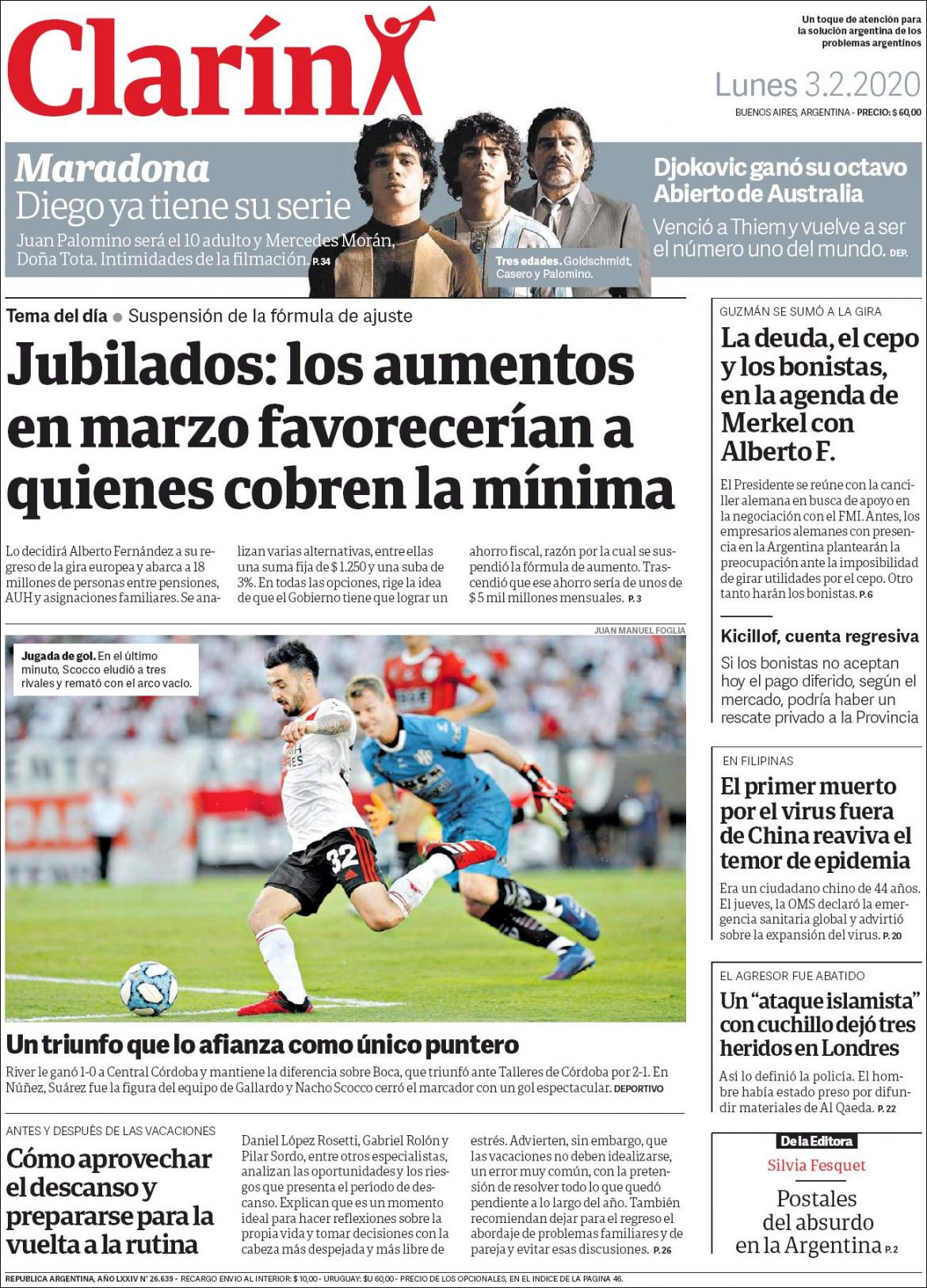 Tapas de diarios, lunes 3 de febrero de 2020, CLARIN