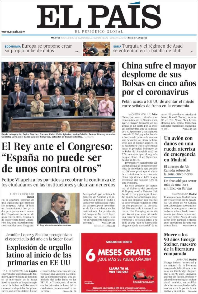 Tapas de Diarios - Martes 4-02-20 - EL PAIS