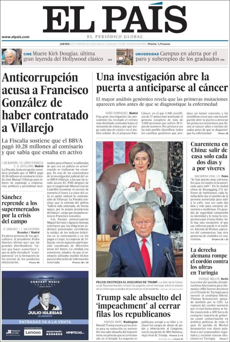 Tapas de Diarios, El Pais jueves 6 de febrero de 2020