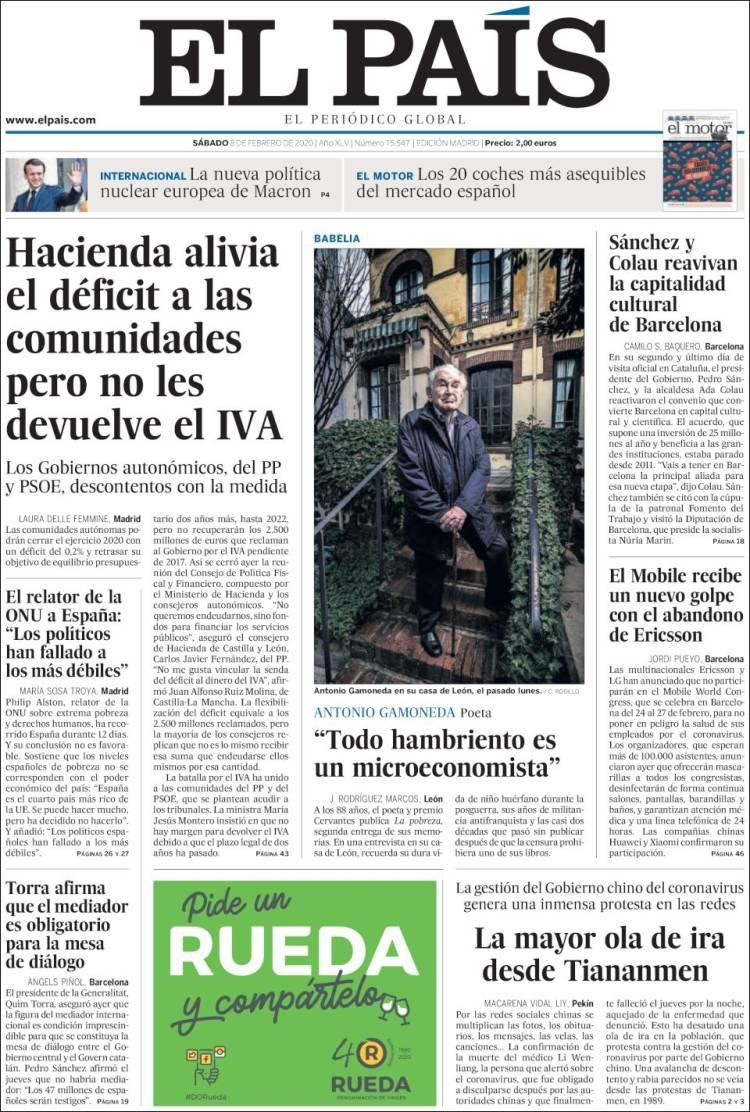 Tapas de Diarios, El País sábado 8 de febrero de 2020