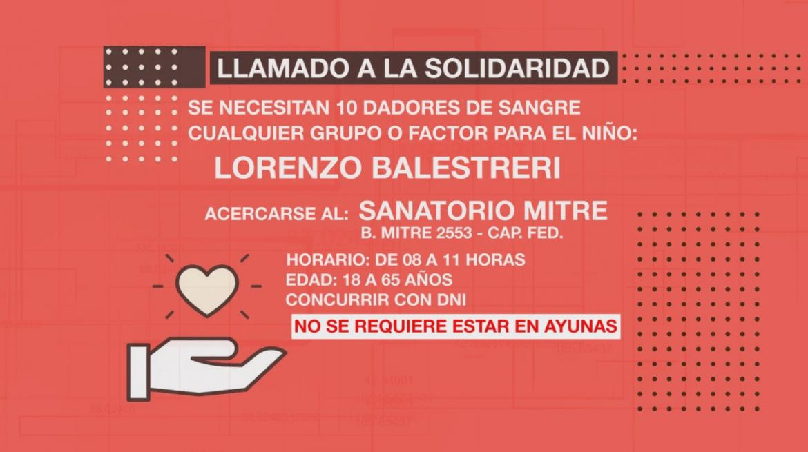 Lalamado a la solidaridad, se necesitan dadores de sangre para Lorenzo Balestreri