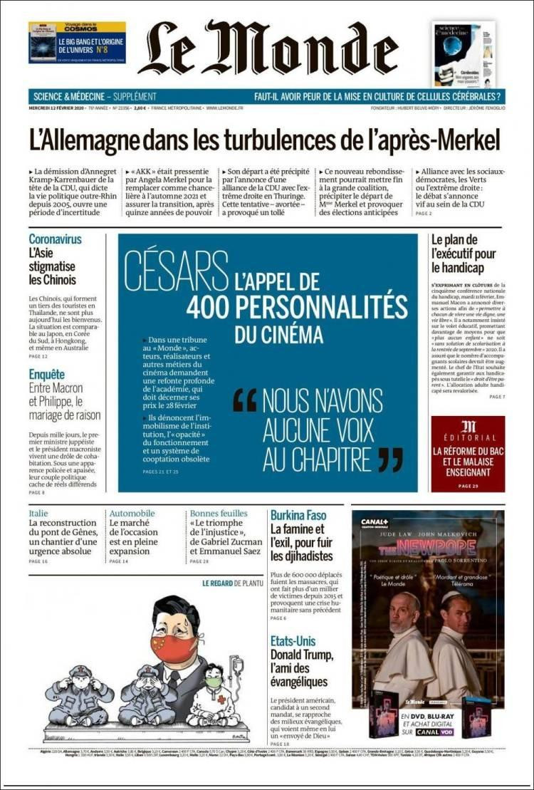 Tapas de Diarios, Le Monde miércoles 12 de febrero de 2020