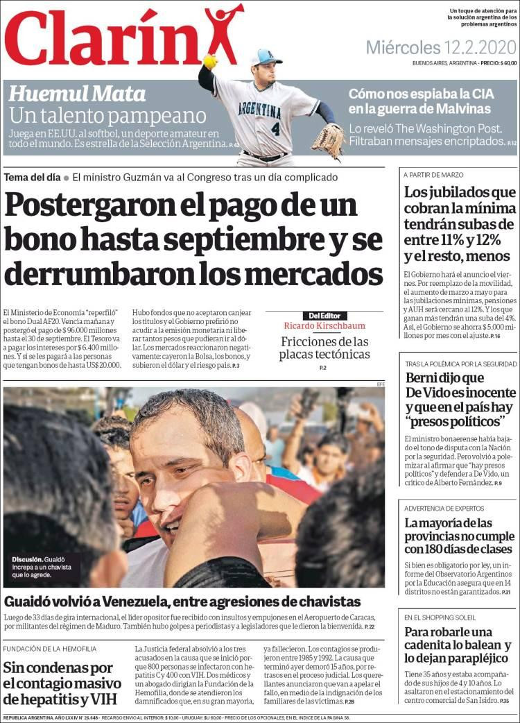 Tapas de Diarios, Clarín miércoles 12 de febrero de 2020