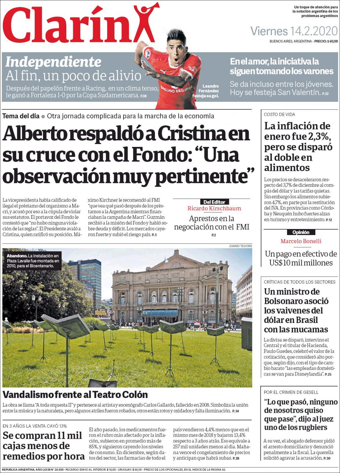 Tapas de diarios, 14-2-20, CLARIN