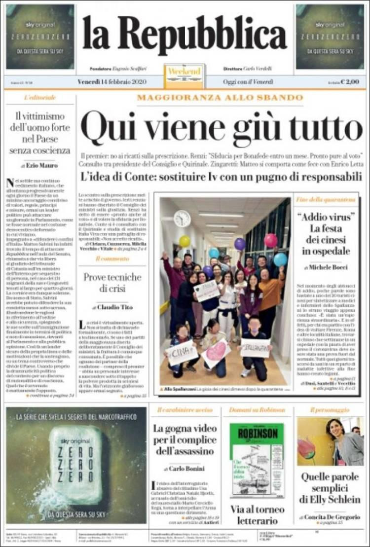 Tapas de diarios, 14-2-20, LA REPUBBLICA