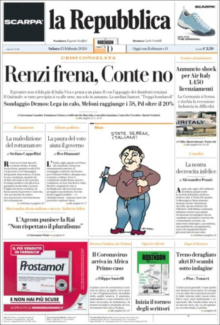 Tapas de diarios, 15-2-20, LA REPUBBLICA