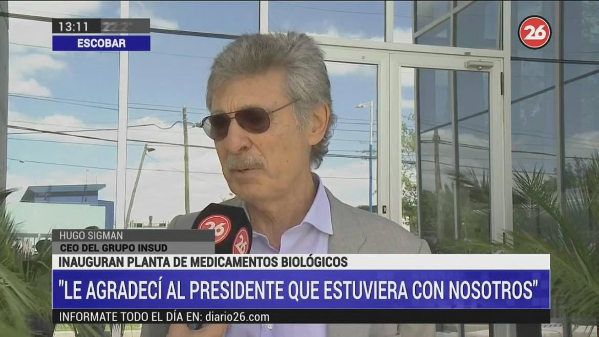 Hugo Sigman, presidente CEO del grupo INSUD, inauguración de planta de medicamentos biológicos, Canal 26