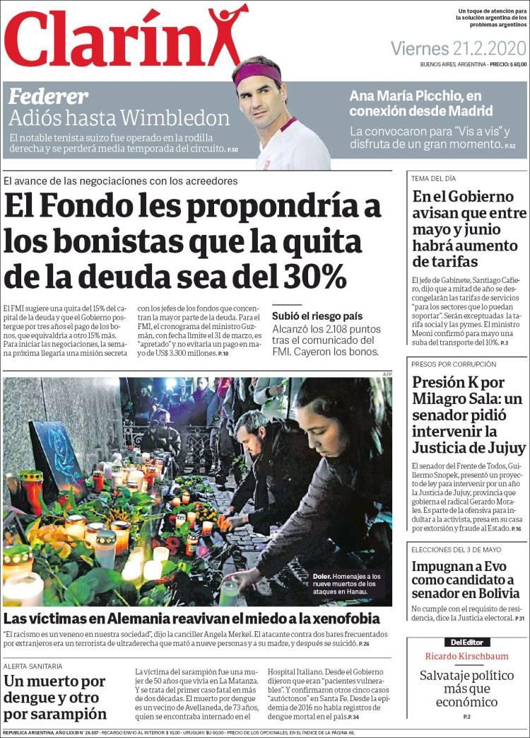 Tapas de diarios, Clarin, viernes 21 de febrero de 2020