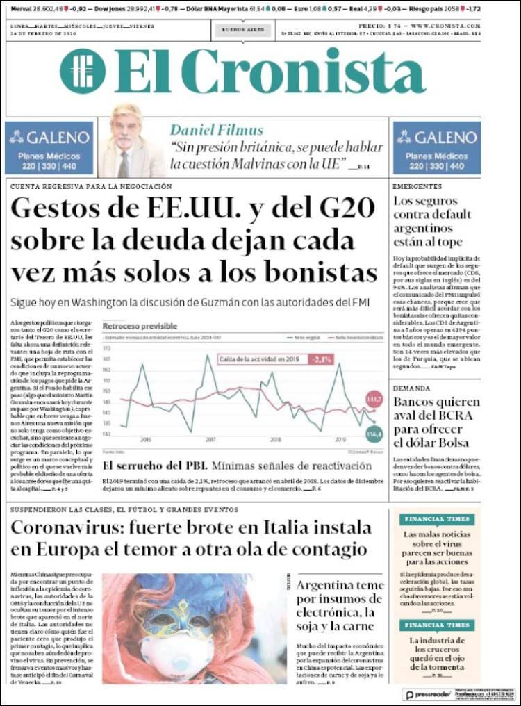 Tapa El Cronista, lunes 24 de febrero de 2020