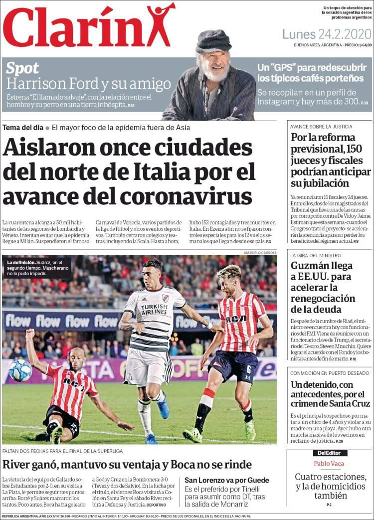 Tapa Clarín, lunes 24 de febrero de 2020