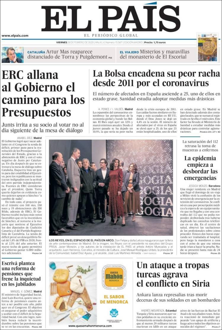 Tapas de diarios, El país, viernes 28 de febrero de 2020