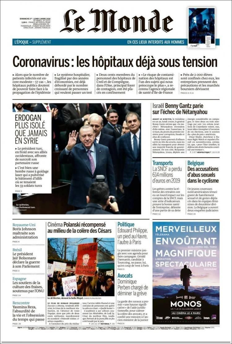 Tapa diarios, Le Monde, lunes 2 de marzo de 2020|