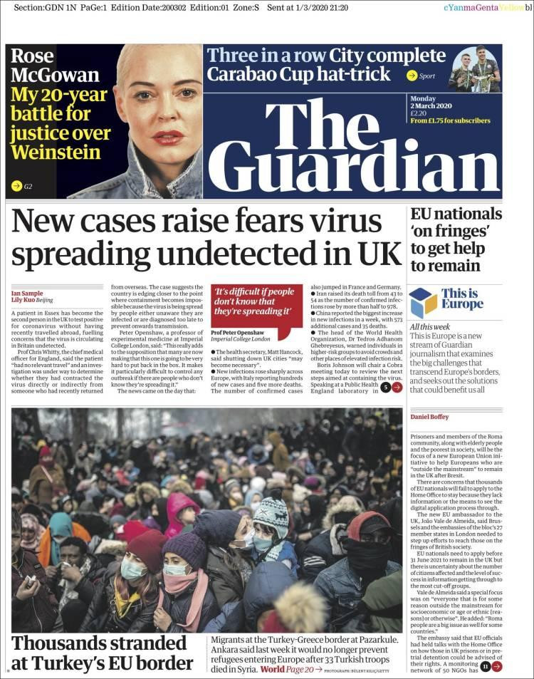 Tapa diarios, Guardian, lunes 2 de marzo de 2020|