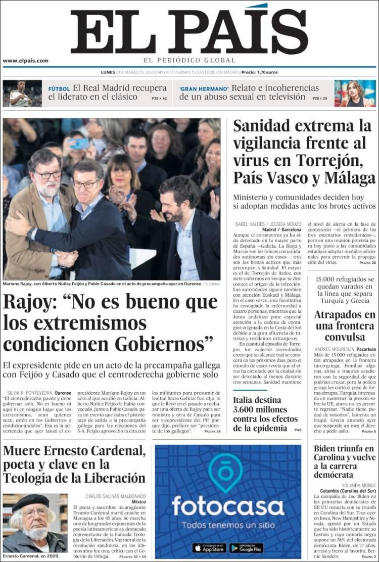 Tapa diarios, El País, lunes 2 de marzo de 2020|