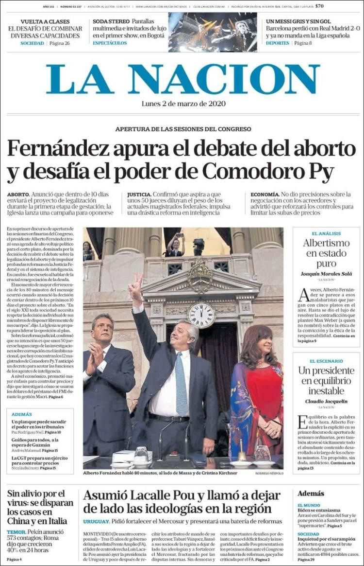 Tapa diarios, La Nación, lunes 2 de marzo de 2020|