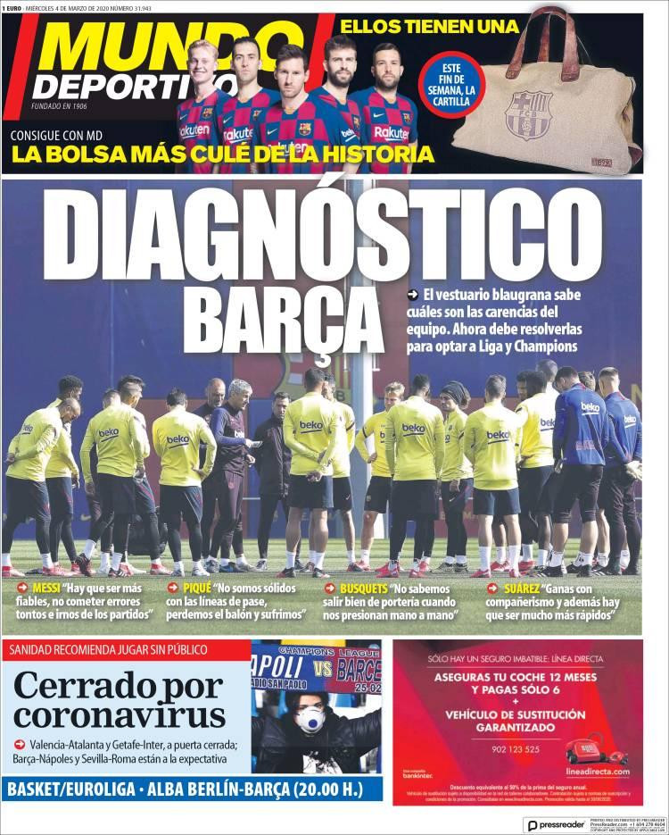 Tapas de diarios, Mundo Deportivo de España, miércoles 4 de marzo de 2020