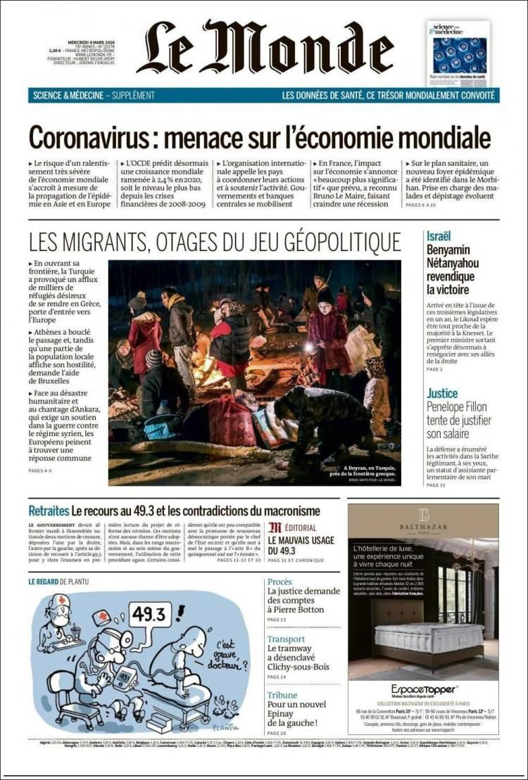 Tapas de diarios, Le Monde, miércoles 4 de marzo de 2020