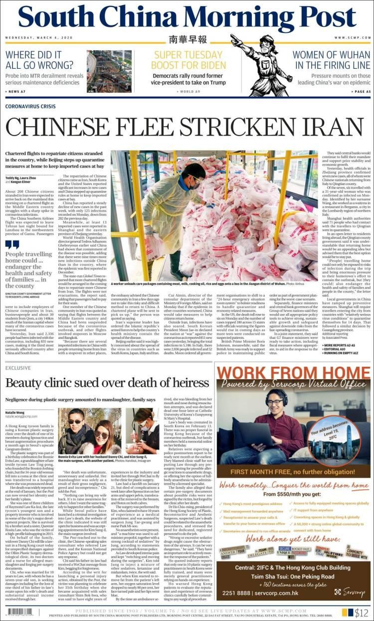 Tapas de diarios, South China Morning Post, miércoles 4 de marzo de 2020