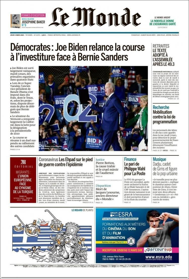 Tapa de diarios, Le Monde, Jueves 5 de marzo de 2020