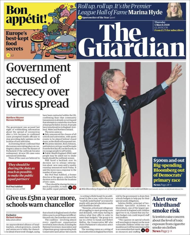 Tapa de diarios, Guardian, Jueves 5 de marzo de 2020