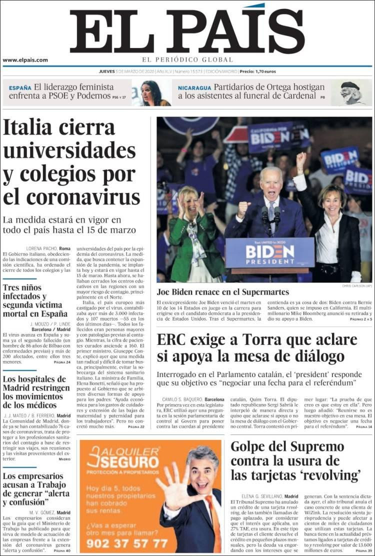 Tapa de diarios, El País, Jueves 5 de marzo de 2020