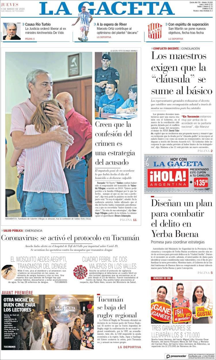 Tapa de diarios, La Gaceta, Jueves 5 de marzo de 2020