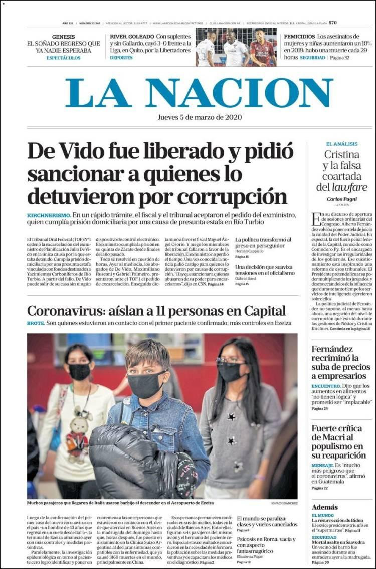 Tapa de diarios, La Nación, Jueves 5 de marzo de 2020