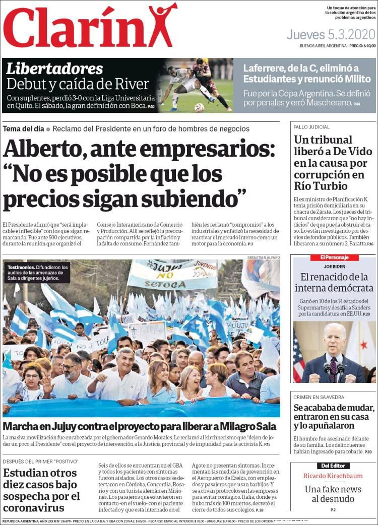 Tapa de diarios, Clarín, Jueves 5 de marzo de 2020