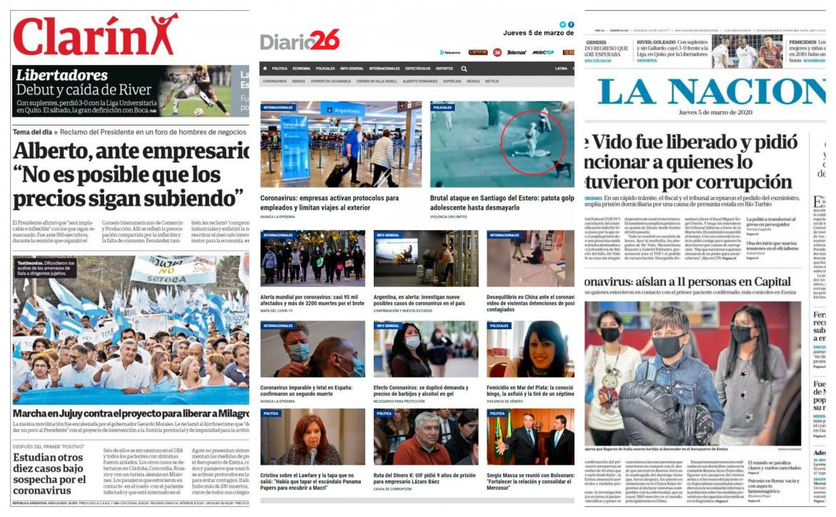 Tapa de diarios, Jueves 5 de marzo de 2020