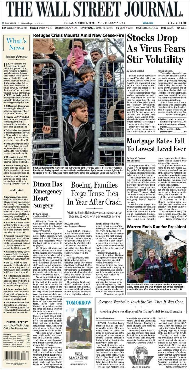 Tapa de diarios, Wall Street Journal, viernes 6 de marzo de 2020