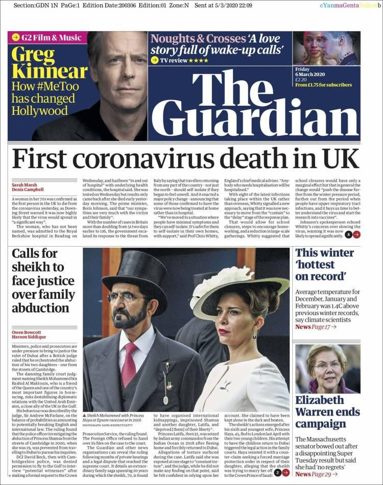 Tapa de diarios, Guardian, viernes 6 de marzo de 2020