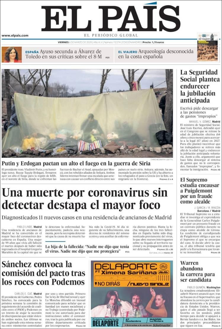 Tapa de diarios, El País, viernes 6 de marzo de 2020