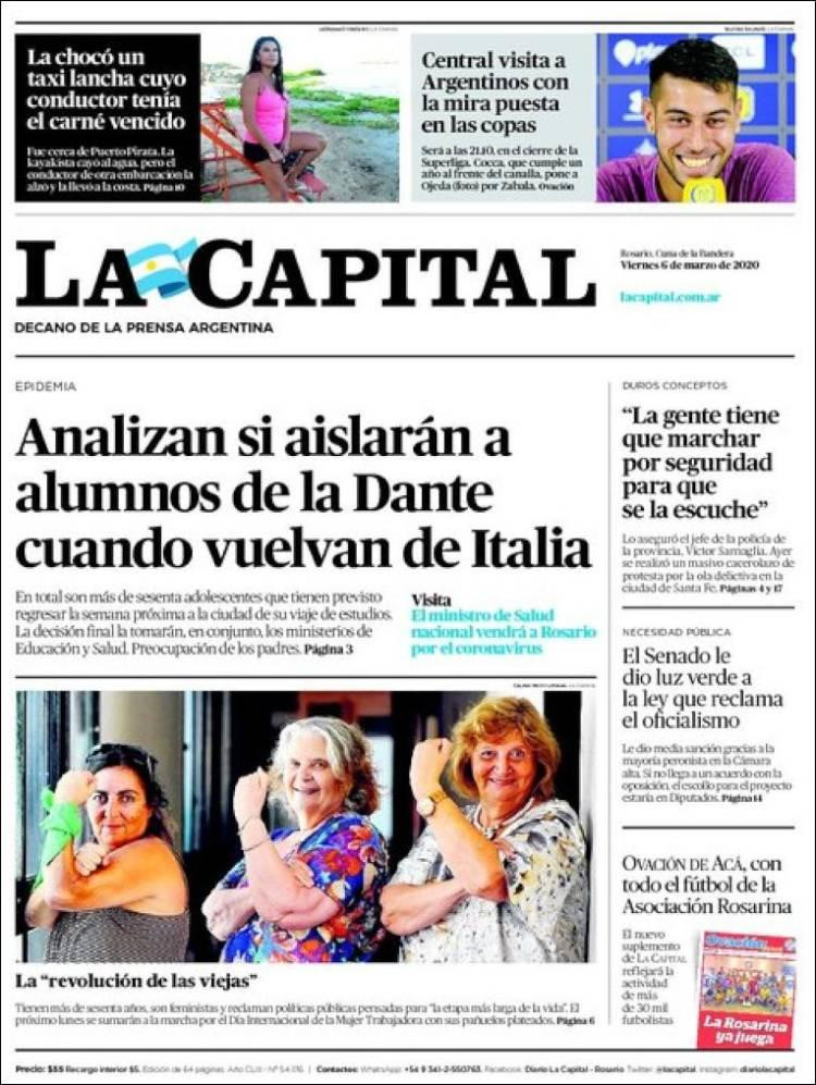 Tapa de diarios, La Capital, viernes 6 de marzo de 2020