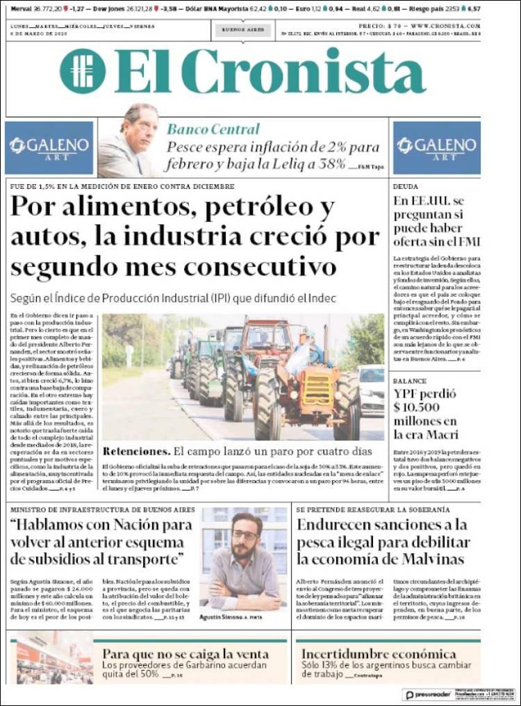 Tapa de diarios, El Cronista, viernes 6 de marzo de 2020